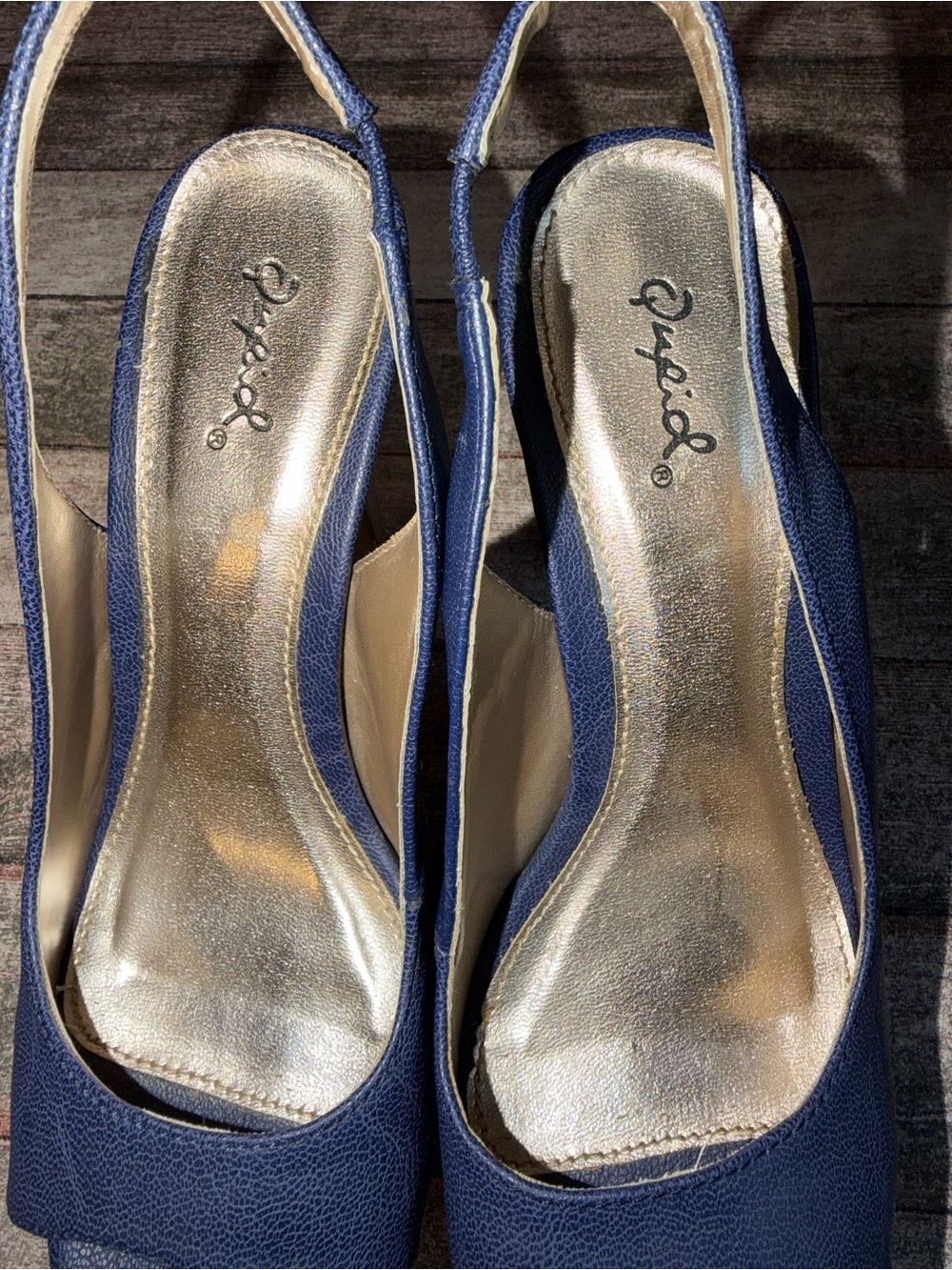 Qupid Navy Blue Peep-Toe Slingback Platform Heels with Wood-Look Platform - Picture 5 of 8